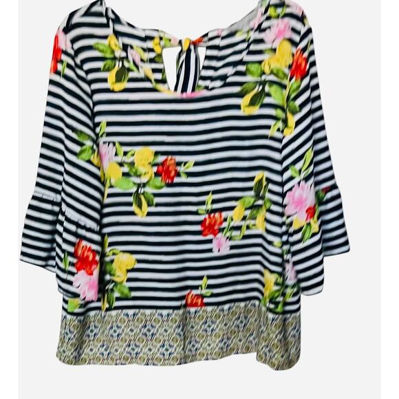 VALERIE STEVENS 3/4 BELL SLV PULL-OVER BLOUSE, WOMEN-2X-BLA/WHI STRIPED & FLORAL - Picture 5 of 10